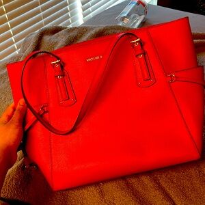 Red Charlotte Large Saffiano Leather Top-Zip Tote Bag,